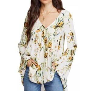 Free People Floral Blouse in White and Yellow